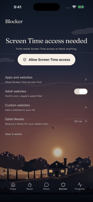 Forth blocker setup for adult websites and selected apps.