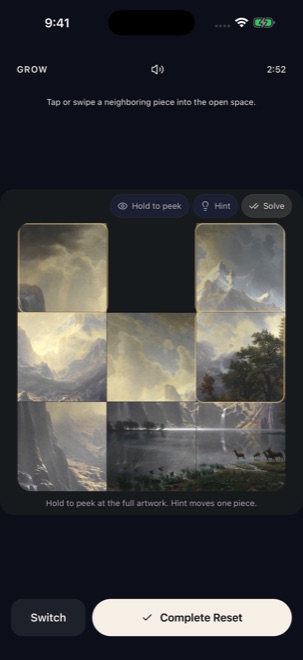 Forth's Grow game: a painting puzzle with a timed Reset session.